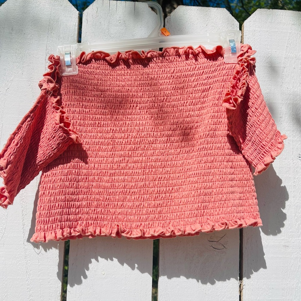 Women's peach rigged tube top, Off the shoulder.
